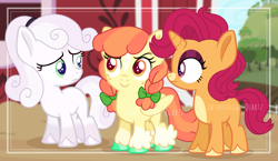 Size: 2568x1492 | Tagged: safe, artist:interstellar-quartz, imported from derpibooru, apple bloom, scootaloo, sweetie belle, pony, alternate universe, amaryllisverse, cutie mark crusaders, female, filly, race swap, redesign