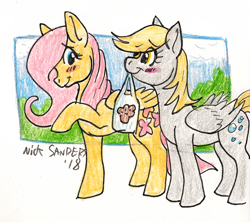 Size: 738x654 | Tagged: safe, artist:wolfy-t, imported from derpibooru, derpy hooves, fluttershy, pegasus, pony, bag, blushing, cute, derpyshy, female, lesbian, mouth hold, shipping, traditional art
