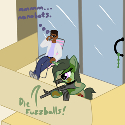 Size: 1200x1200 | Tagged: safe, artist:dafiltafish, imported from derpibooru, oc, oc:doc, oc:friendly fire, human, pony, balcony, chair, gun, lawn chair, mad scientist, nanobots, rifle, sniper rifle, story:remastering, text, transformation, weapon