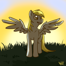Size: 527x527 | Tagged: safe, artist:wolfy-t, imported from derpibooru, derpy hooves, pegasus, pony, female, mare, solo, spread wings, sun, sunrise, wings