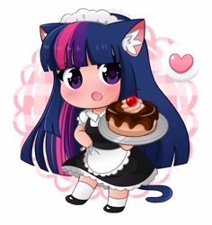 Size: 3871x4096 | Tagged: safe, artist:kittyrosie, imported from derpibooru, twilight sparkle, cat, human, abstract background, absurd resolution, anime, apron, blue hair, blushing, cake, catgirl, clothes, cute, ear fluff, fangs, floating heart, food, heart, high res, hime cut, humanized, light skin, long hair, looking at you, looking forward, maid, multicolored hair, open mouth, pink hair, purple hair, shoes, signature, simple background, skirt, solo, tail, tailed humanization, twiabetes