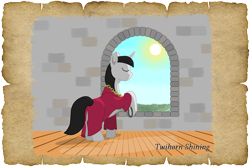 Size: 1500x1000 | Tagged: safe, alternate version, artist:malte279, imported from derpibooru, oc, oc:twihorn shining, unicorn, tails of equestria, clothes, npc, parchment, robe, robin hood, sheriff, sun, window