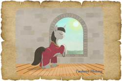 Size: 1280x854 | Tagged: safe, alternate version, artist:malte279, imported from derpibooru, oc, oc:twihorn shining, unicorn, tails of equestria, clothes, npc, parchment, robe, robin hood, sheriff, sun, window