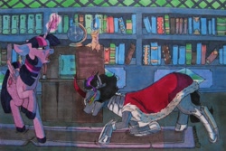 Size: 3157x2113 | Tagged: safe, artist:meno-chara, imported from derpibooru, king sombra, twilight sparkle, alicorn, pony, unicorn, bookshelf, candle, cape, clothes, duo, eye mist, female, glowing horn, high res, horn, library, male, mare, stallion, traditional art, twilight sparkle (alicorn)