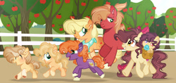 Size: 900x423 | Tagged: safe, artist:magicallightsentryyt, imported from derpibooru, apple bloom, applejack, big macintosh, little mac, oc, oc:golden seed, oc:melody clef, oc:red velvet bomb, pony, alternate design, baby, baby pony, base used, colt, deviantart watermark, female, filly, male, obtrusive watermark, offspring, older, parent:apple bloom, parent:applejack, parent:caramel, parent:tender taps, parents:carajack, parents:tenderbloom, watermark