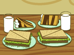 Size: 800x600 | Tagged: safe, artist:rangelost, imported from derpibooru, cyoa:d20 pony, cake, cup, food, milk, no pony, pixel art, plate, sandwich