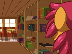 Size: 800x600 | Tagged: safe, artist:rangelost, imported from derpibooru, oc, oc only, oc:trailblazer, earth pony, pony, cyoa:d20 pony, book, bookshelf, crepuscular rays, female, indoors, library, mare, pixel art, scroll, solo