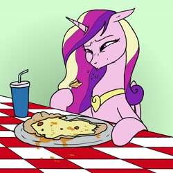 Size: 1200x1200 | Tagged: safe, artist:pony quarantine, imported from derpibooru, princess cadance, alicorn, pony, disgusted, drink, eating, female, floppy ears, food, mare, peetzer, pizza, solo, spitting, table, tongue out