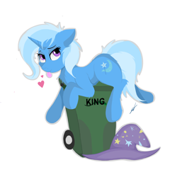 Size: 5000x5000 | Tagged: safe, artist:groomlake, imported from derpibooru, trixie, pony, unicorn, absurd resolution, colored, cute, diatrixes, female, hat, heart, looking at you, love, mare, png, simple, simple background, solo, tongue out, trash can, white background