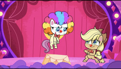 Size: 828x473 | Tagged: safe, imported from derpibooru, screencap, applejack, fluttershy, earth pony, pegasus, lolly-pop, my little pony: pony life, spoiler:pony life s02e19, apple, applejack's hat, bipedal, clown, clown makeup, clown nose, clown wig, cowboy hat, cute, duo, duo female, duo focus, female, flutterclown, flying, food, g4.5, hat, pony life, red nose, stage, tiny pop