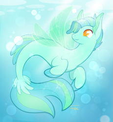 Size: 923x1000 | Tagged: safe, artist:janisar, imported from derpibooru, oc, oc only, seapony (g4), bubble, clothes, crepuscular rays, dorsal fin, fin wings, fins, fish tail, flowing tail, orange eyes, see-through, signature, smiling, solo, sunlight, swimming, tail, underwater, water, wings