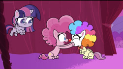 Size: 828x467 | Tagged: safe, imported from derpibooru, screencap, fluttershy, pinkie pie, twilight sparkle, alicorn, earth pony, pegasus, pony, lolly-pop, my little pony: pony life, spoiler:pony life s02e19, chubby cheeks, clown, clown makeup, clown nose, clown wig, curtains, female, flutterclown, flying, g4.5, holding a pony, pony life, red nose, sitting, squished face, trio, trio female, twilight sparkle (alicorn)