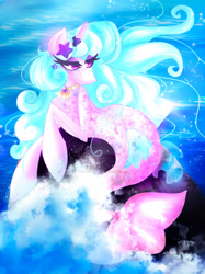 Size: 1280x1707 | Tagged: safe, artist:bubblegumbloo, imported from derpibooru, oc, oc only, pony, seapony (g4), starfish, unicorn, blue mane, clothes, colored pupils, deviantart watermark, dorsal fin, eyelashes, female, fins, fish tail, flowing mane, flowing tail, horn, jewelry, necklace, obtrusive watermark, ocean, purple eyes, rock, seaponified, see-through, solo, species swap, sunlight, tail, water, watermark