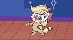 Size: 828x464 | Tagged: safe, imported from derpibooru, screencap, applejack, earth pony, pony, my little pony: pony life, spoiler:pony life, spoiler:pony life s02e24, applejack's hat, bipedal, clown, clown makeup, clown nose, cowboy hat, female, g4.5, hat, mad props, mare, pointing, pony life, red nose, solo, teeth