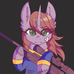 Size: 1378x1378 | Tagged: safe, artist:claire205715, imported from derpibooru, oc, oc:littlepip, pony, unicorn, fallout equestria, bandage, clothes, gun, jumpsuit, rifle, vault suit, weapon