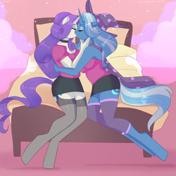 Size: 1280x1280 | Tagged: safe, artist:xjenn9, imported from derpibooru, rarity, trixie, anthro, unguligrade anthro, unicorn, series:rarity kissing, bed, breasts, busty rarity, busty trixie, cleavage, clothes, commission, eyes closed, female, garter belt, kissing, lesbian, miniskirt, rarixie, shipping, skirt, socks, stockings, thigh highs