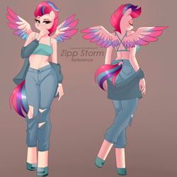 Size: 4000x4000 | Tagged: safe, artist:xjenn9, imported from derpibooru, zipp storm, anthro, pegasus, unguligrade anthro, absurd resolution, ass, blushing, butt, clothes, colored wings, commission, commissioner:endbringer99, eyes closed, female, g5, jacket, looking at you, mare, midriff, multicolored wings, pants, png, reference sheet, ripped pants, shoes, smiling, smiling at you, solo, spread wings, text, torn clothes, wings, zippbutt