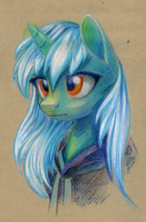 Size: 725x1100 | Tagged: safe, artist:maytee, imported from derpibooru, lyra heartstrings, pony, unicorn, bust, clothes, colored pencil drawing, dig the swell hoodie, hoodie, portrait, sad, solo, traditional art