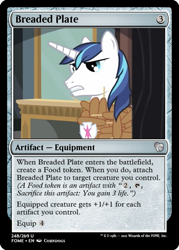 Size: 375x523 | Tagged: safe, edit, imported from derpibooru, shining armor, unicorn, friendship is witchcraft, ccg, corn, corndog, foaly matripony, food, francis sparkle, magic the gathering, meat, outfit made of corndogs, sausage, trading card, trading card edit