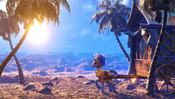 Size: 3840x2160 | Tagged: safe, artist:etherium-apex, imported from derpibooru, hoo'far, pony, 3d, blender, blender eevee, desert, high res, hoo'far's wagon, male, scenery, solo
