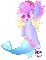 Size: 1383x1788 | Tagged: safe, artist:pasteldraws, imported from derpibooru, merpony, pony, cute, fluffy mane, redesign, shell, simple background, solo, transparent background