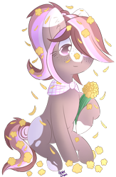 Size: 1136x1740 | Tagged: safe, artist:pasteldraws, imported from derpibooru, earth pony, pony, bouquet, clothes, commission, flower, ponytail, scarf, simple background, solo, transparent background