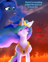 Size: 1620x2093 | Tagged: safe, artist:moonlightrift, imported from derpibooru, princess celestia, princess luna, alicorn, pony, angry, fire, text