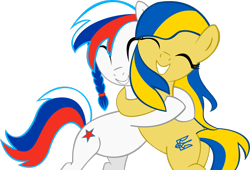 Size: 2972x2017 | Tagged: safe, artist:lelekhd, imported from derpibooru, oc, oc:marussia, oc:ukraine, earth pony, pony, ^^, aged like milk, duo, eyes closed, female, harsher in hindsight, high res, hug, mare, nation ponies, ponified, russia, ukraine