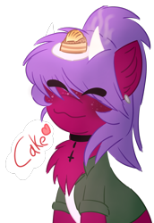 Size: 1243x1804 | Tagged: safe, artist:pasteldraws, imported from derpibooru, oc, oc only, oc:aki, pony, succubus, cake, choker, clothes, cute, ear piercing, earring, fluffy mane, food, freckles, horns, jacket, jewelry, piercing, ponytail, simple background, smiling, solo, transparent background