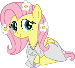 Size: 2568x2335 | Tagged: safe, artist:lelekhd, imported from derpibooru, fluttershy, pegasus, pony, 60s, clothes, female, flower, flower in hair, folded wings, high res, hippie, hippieshy, jewelry, looking at you, lying down, mare, necklace, peace sign, prone, simple background, smiling, solo, three quarter view, transparent background, wings