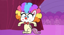 Size: 828x459 | Tagged: safe, imported from derpibooru, screencap, fluttershy, pegasus, pony, lolly-pop, my little pony: pony life, spoiler:pony life, spoiler:pony life s02e19, background pony audience, clown, clown makeup, clown nose, clown wig, cute, female, flutterclown, g4.5, mare, pony life, red nose, shyabetes, sitting, solo, solo focus