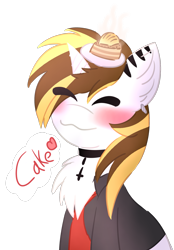 Size: 1239x1778 | Tagged: safe, artist:pasteldraws, artist:sroka001, imported from derpibooru, oc, oc only, oc:srok, pony, unicorn, :3, cake, chest fluff, choker, cute, ear piercing, earring, fluffy, food, jewelry, necktie, piercing, redesign, simple background, smiling, solo, transparent background