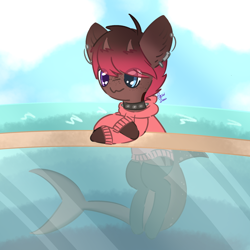 Size: 2000x2000 | Tagged: safe, artist:pasteldraws, imported from derpibooru, oc, oc only, original species, pony, shark, shark pony, clothes, cloud, cloudy, collar, ear piercing, earring, freckles, heterochromia, high res, hoodie, horns, jewelry, ocean, piercing, socks, solo
