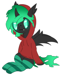 Size: 1524x1882 | Tagged: safe, artist:pasteldraws, imported from derpibooru, oc, oc only, oc:ice, changeling, pony, clothes, fangs, fluffy mane, freckles, green changeling, hoodie, simple background, socks, solo, transparent background