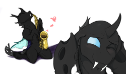 Size: 2340x1379 | Tagged: safe, artist:testostepone, imported from derpibooru, oc, oc:coxa, oc:mimesis, changeling, ambiguous gender, blushing, eyes closed, fangs, male, musical instrument, one eye closed, quadrupedal, saxophone, simple background, white background, zoomorphic