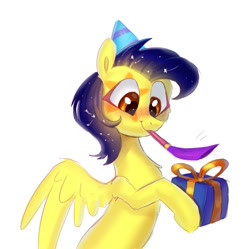 Size: 1197x1192 | Tagged: safe, artist:enderselyatdark, imported from derpibooru, oc, oc only, oc:mixi creamstar, pegasus, pony, birthday, birthday gift, cute, gift art, happy face, party horn, pegasus oc, present, solo, wings