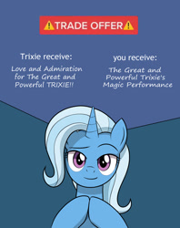 Size: 950x1200 | Tagged: safe, artist:mew-me, imported from derpibooru, trixie, pony, unicorn, female, hooves together, mare, meme, raised eyebrow, smiling, solo, trade offer