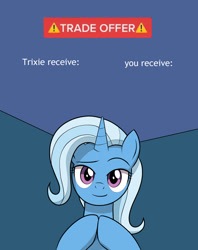 Size: 950x1200 | Tagged: safe, alternate version, artist:mew-me, imported from derpibooru, trixie, pony, unicorn, meme, solo, template, trade offer