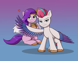 Size: 1400x1100 | Tagged: safe, artist:mew-me, imported from derpibooru, pipp petals, zipp storm, pegasus, pony, adorapipp, cellphone, colored wings, cute, duo, duo female, female, floating heart, g5, gradient background, heart, jealous, jpg, looking at you, mare, multicolored wings, phone, protecting, royal sisters (g5), sibling love, siblings, simple background, sisterly love, sisters, smartphone, smiling, spread wings, unshorn fetlocks, wings