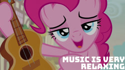 Size: 1280x720 | Tagged: safe, edit, edited screencap, editor:quoterific, imported from derpibooru, screencap, pinkie pie, earth pony, pony, honest apple, female, guitar, hoof hold, lidded eyes, looking at you, mare, musical instrument, open mouth, smiling, solo
