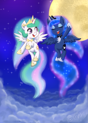 Size: 857x1200 | Tagged: safe, artist:empyu, imported from derpibooru, princess celestia, princess luna, alicorn, pony, chibi, cloud, cute, cutelestia, duo, ethereal mane, ethereal tail, eyes closed, female, flying, happy, jewelry, lunabetes, mare, moon, night, open mouth, regalia, royal sisters, siblings, sisters, smiling, stars