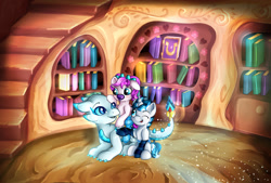 Size: 1280x865 | Tagged: safe, artist:appleneedle, imported from derpibooru, oc, dragon, pegasus, pony, unicorn, art, baby, book, bookshelf, character, commission, digital, draw, drawing, evening, fanart, female, filly, friends, golden oaks library, joy144sk, magic, paint, painting, patreon, reward, stairs