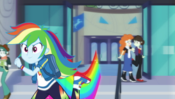 Size: 1280x720 | Tagged: safe, imported from derpibooru, screencap, rainbow dash, bird, equestria girls, equestria girls series, run to break free, spoiler:eqg series (season 2), backpack, clothes, converse, cutie mark, cutie mark on clothes, female, geode of super speed, hoodie, jewelry, magical geodes, male, necklace, rainbow trail, running, shoes, stairs