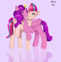 Size: 1853x1893 | Tagged: safe, artist:artagony, imported from derpibooru, pipp petals, zipp storm, pegasus, pony, eyes closed, female, g5, hug, mare, one eye closed, raised hoof, reflection, royal sisters (g5), sibling love, siblings, signature, simple background, sisterly love, sisters, smiling
