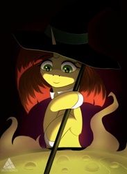Size: 1582x2160 | Tagged: source needed, useless source url, safe, artist:delta hronum, imported from derpibooru, oc, oc only, pony, unicorn, bipedal, bipedal leaning, cute, hat, hoof hold, leaning, oc name needed, poison, solo, witch, witch hat
