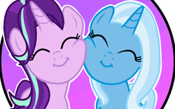 Size: 1024x641 | Tagged: safe, artist:goldlines005, artist:klewgcg, artist:mysticonranger, imported from derpibooru, starlight glimmer, trixie, pony, unicorn, road to friendship, base used, cheek squish, cute, diatrixes, eyelashes, eyes closed, female, glimmerbetes, horn, lesbian, mare, shipping, simple background, smiling, squishy cheeks, startrix, transparent background