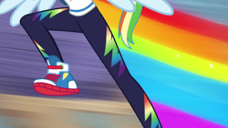 Size: 1280x720 | Tagged: safe, imported from derpibooru, screencap, rainbow dash, equestria girls, equestria girls series, run to break free, spoiler:eqg series (season 2), clothes, converse, faceless female, female, hoodie, jumping, offscreen character, rainbow trail, shoes, wings