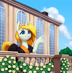 Size: 2500x2525 | Tagged: safe, artist:mrscroup, imported from derpibooru, oc, oc only, oc:floots van oranje, pony, unicorn, balcony, building, clothes, cloud, dress, female, flower, high res, jewelry, palace, roof, sash, sky, smiling, solo, tiara, tree, vent, waving, window, wreath