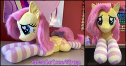 Size: 3839x2030 | Tagged: safe, artist:qtpony, imported from derpibooru, fluttershy, pony, clothes, cute, daaaaaaaaaaaw, heart eyes, high res, irl, lying down, photo, plushie, prone, shyabetes, socks, solo, starry eyes, striped socks, wingding eyes