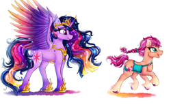 Size: 3900x2400 | Tagged: safe, artist:stainedglasslighthea, imported from derpibooru, sunny starscout, twilight sparkle, alicorn, earth pony, pony, the last problem, badge, bag, crown, duo, female, fluttershy's cutie mark, g5, high res, hoof shoes, jewelry, mare, markings, older, older twilight, open mouth, princess twilight 2.0, rainbow dash's cutie mark, raised hoof, raised leg, regalia, satchel, simple background, sunny and her heroine, twilight sparkle (alicorn), twilight sparkle's cutie mark, white background